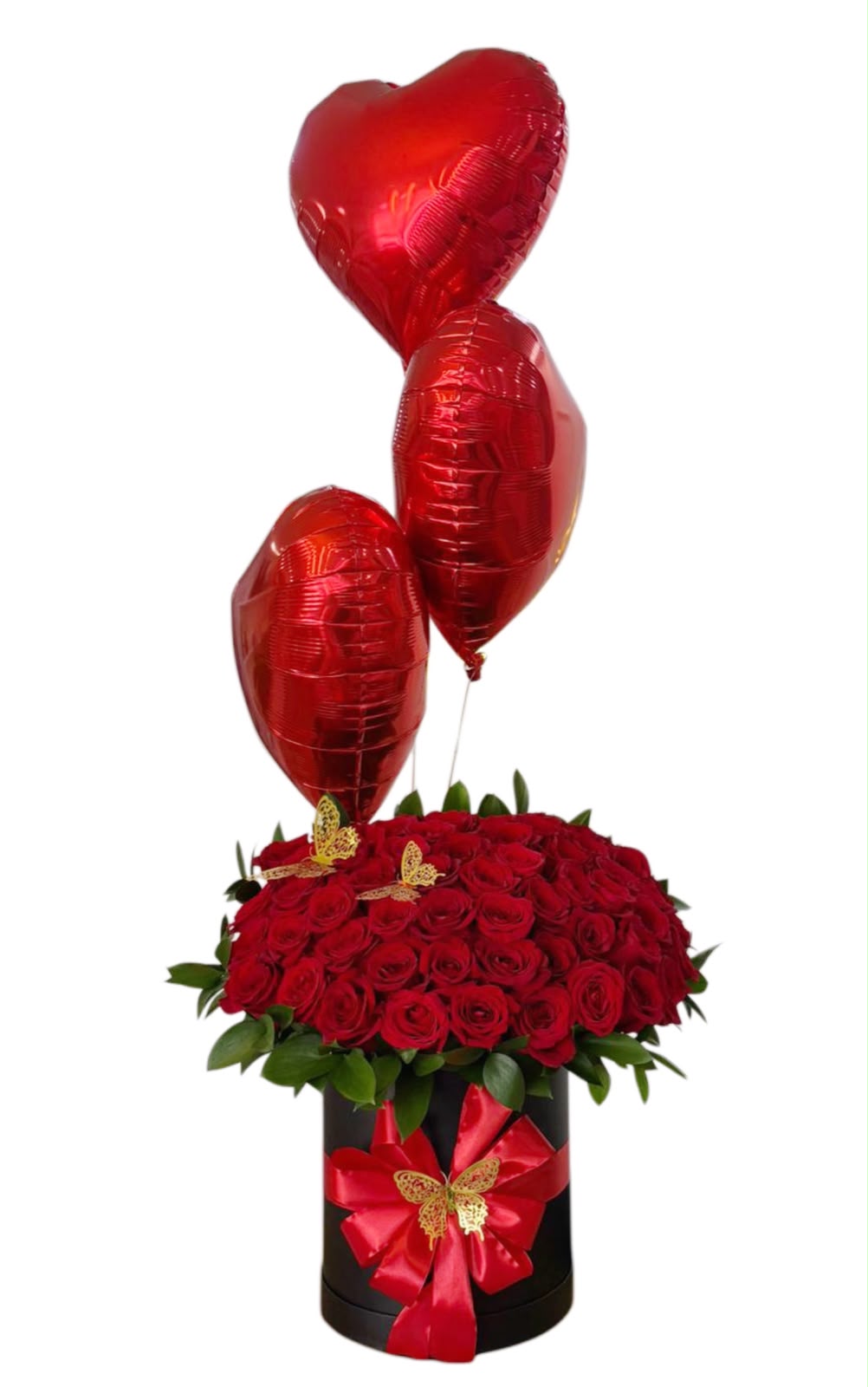 Caja de rosas importadas con globos